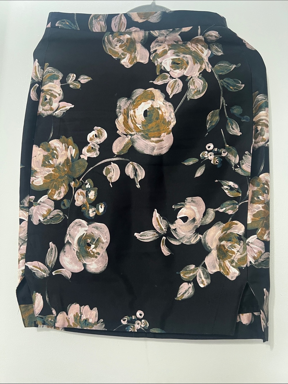 J. Crew Black Floral Pencil Skirt with Pink & Olive Blooms